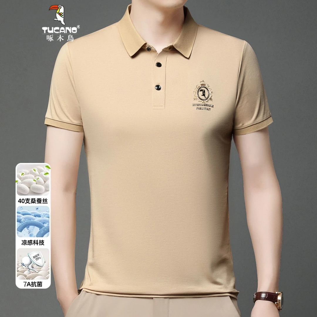 父亲节礼物啄木鸟桑蚕丝上衣夏季中青年翻领短袖t恤Polo衫男士