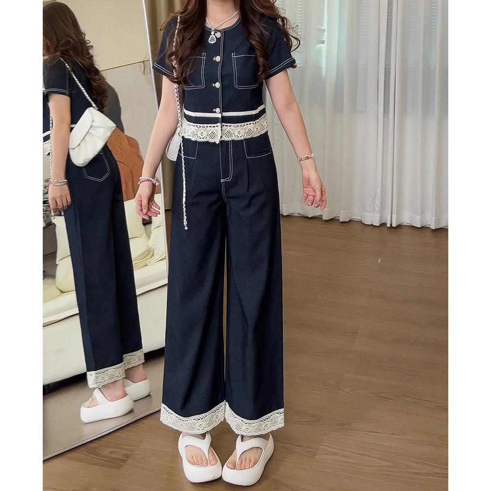 0683小香风牛仔套装2025年夏季新款蕾丝拼接显瘦短袖阔腿裤两件套