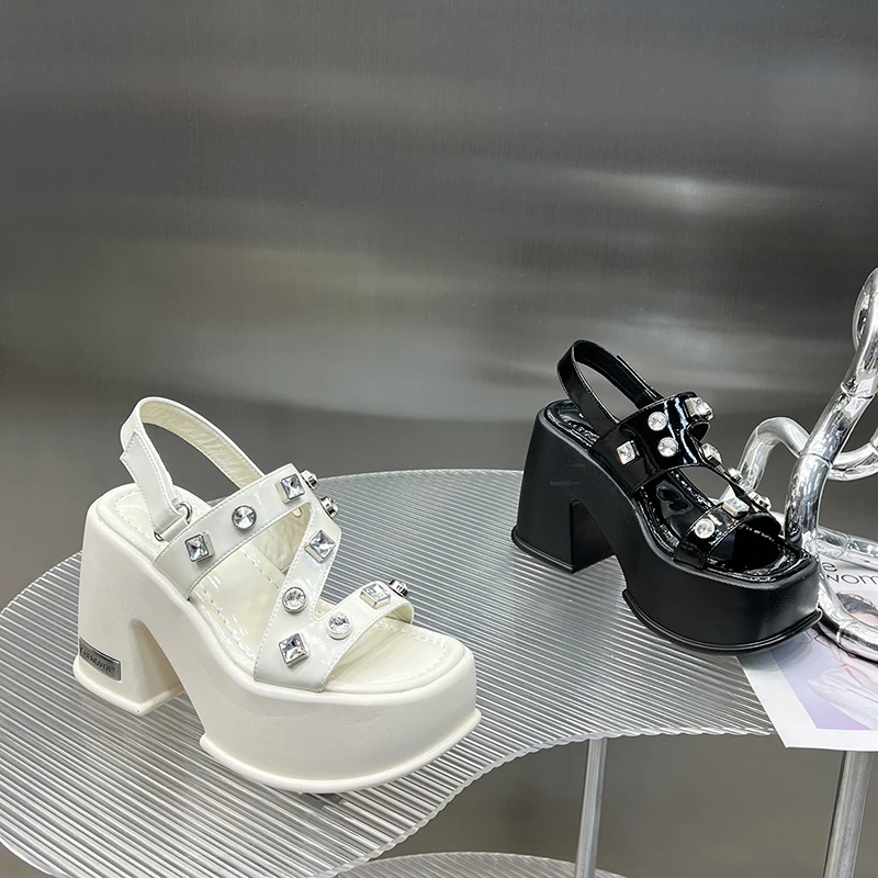 12cm粗跟凉鞋女2025年欧美风夏季新款水钻厚底露趾高跟鞋SJ235-27