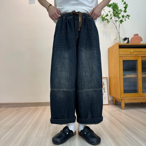 秋款百搭显瘦宽松复古松紧腰牛仔气球裤