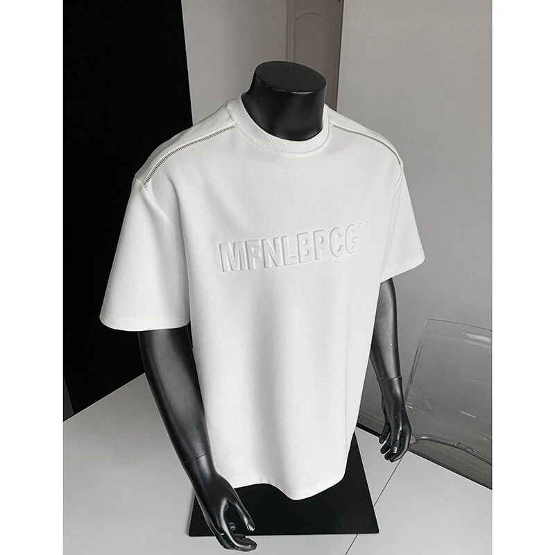 凹凸字母钢印短袖T恤男夏季拉链装饰美式cleanfit痞帅小领口半袖