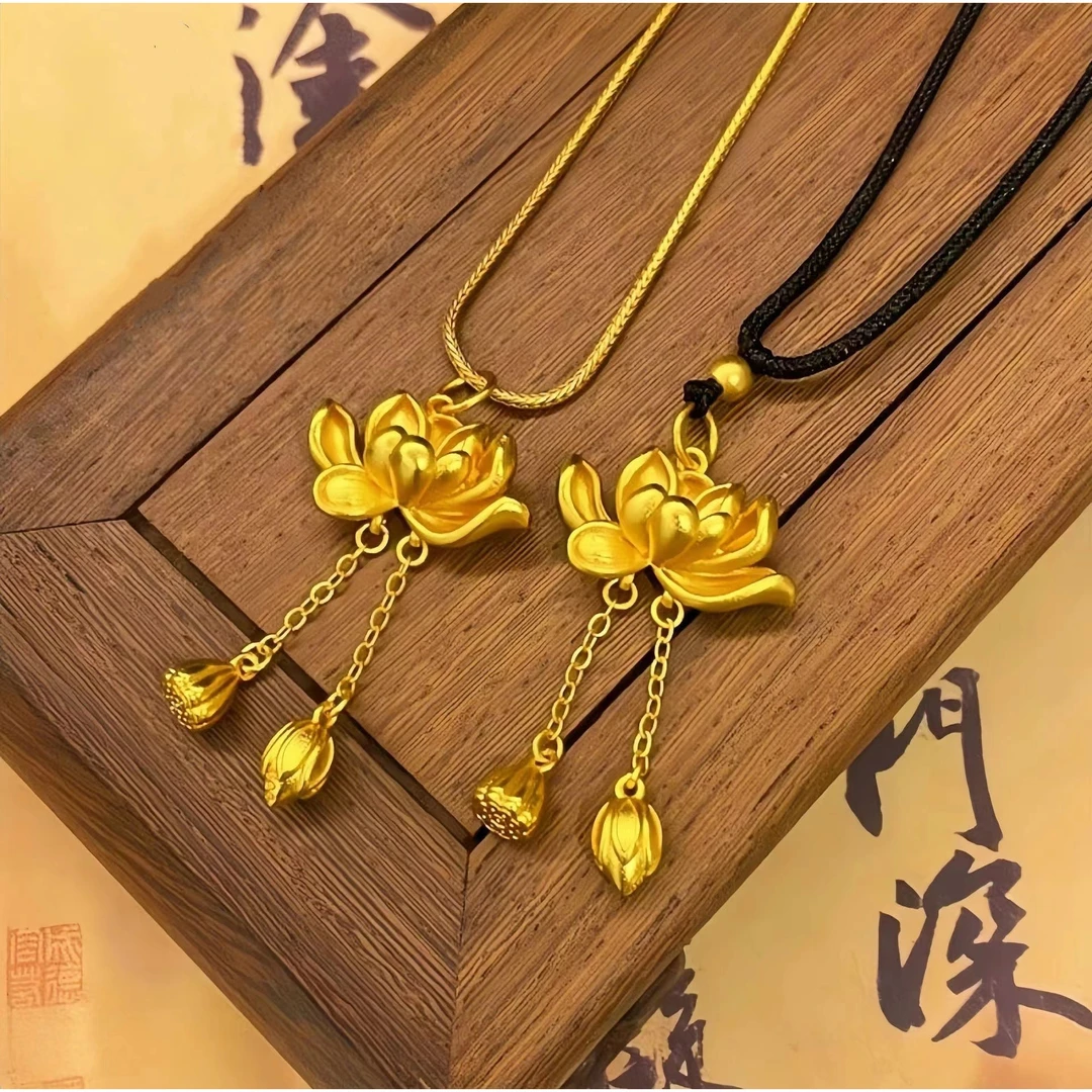 锌合金项链 好运莲莲~新中式古法黄金色莲花流苏毛衣链时尚百搭