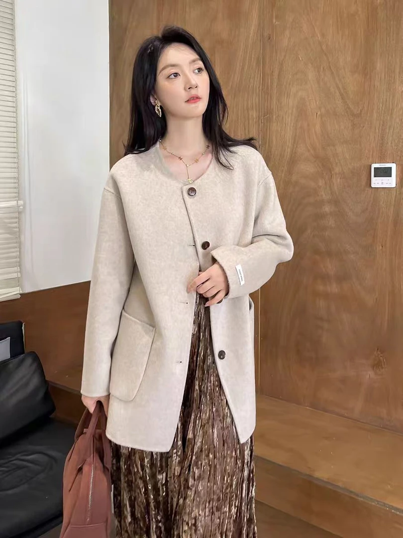 骆驼绒大衣慵懒风中长款双面呢羊毛大衣女式毛呢外套