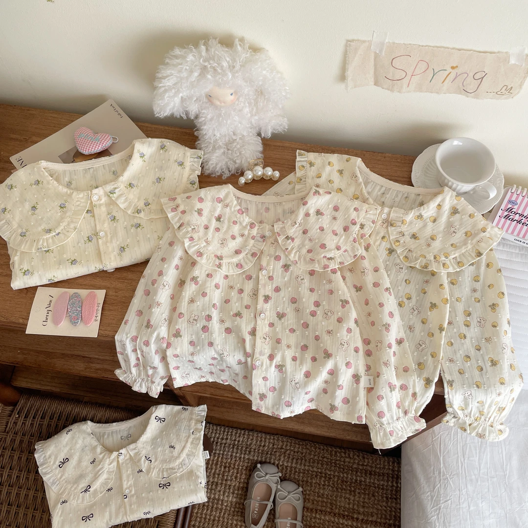 女童纯棉衬衫2025新款儿童娃娃领衬衣女孩纯棉百搭休闲衬衫