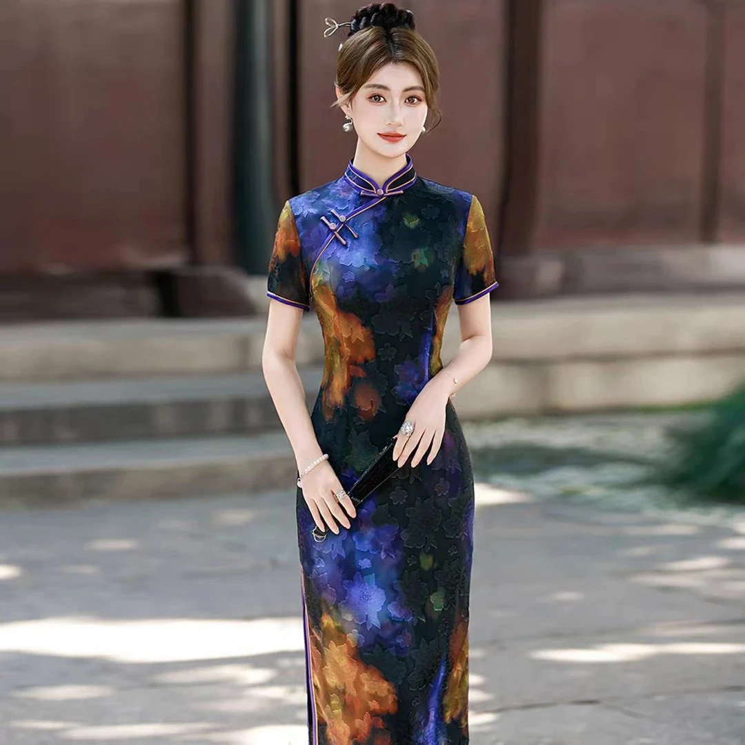 926秋季新款改良复古新中式修身显瘦长款立领旗袍连衣裙