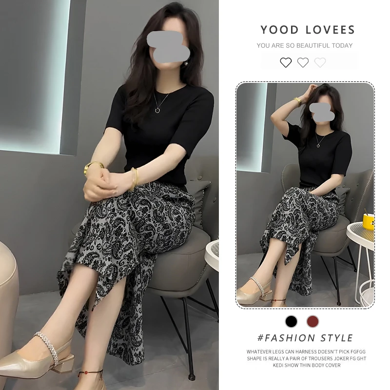 今年流行圆领后背镂空短袖T恤女2025夏季新款修身印花裙子两件套