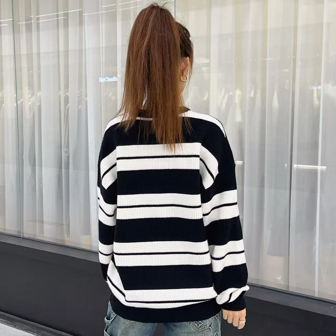 2025宽松款拼色春秋冬季毛衣条纹撞色针织衫打底衫百搭圆领针织