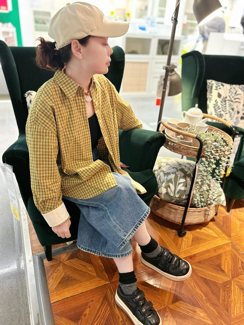 日系经典小众复古格纹女衬衫外套洋气休闲女装水洗撞色设计