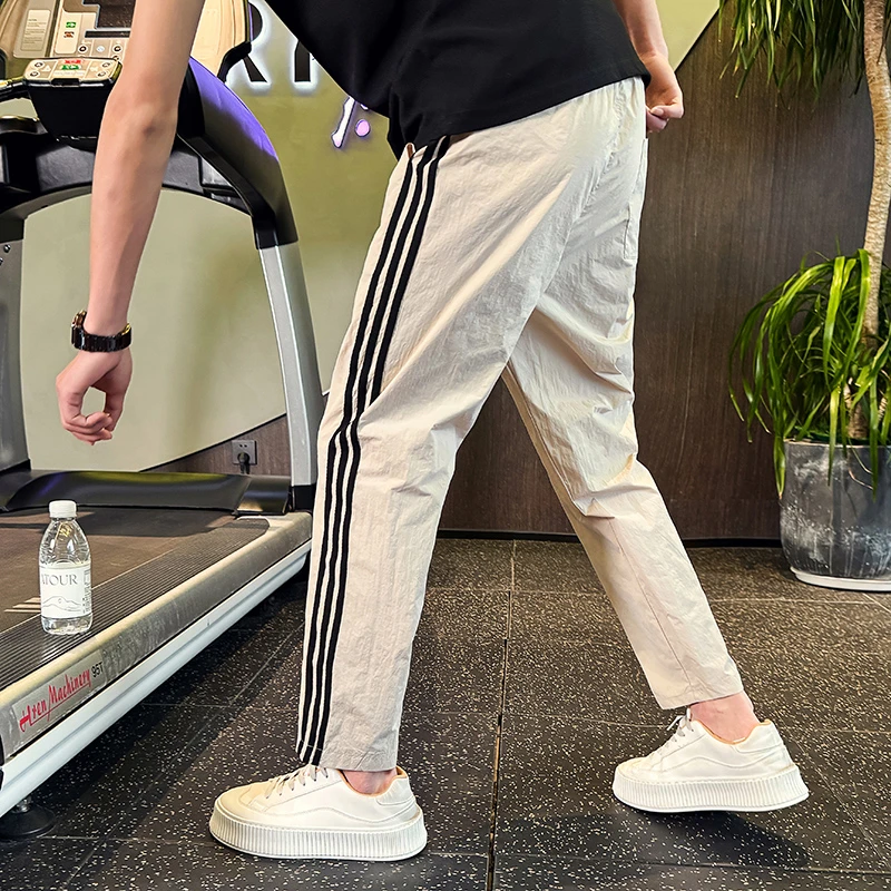 夏季冰丝速干薄款九分裤男款百搭宽松三杠条纹宽松直筒裤男