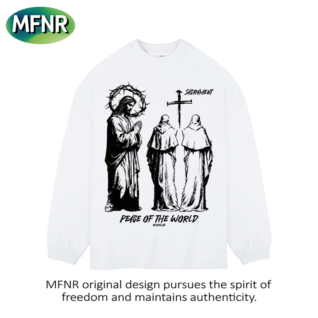 高街美式设计感重磅纯棉印花长袖男女百搭复古圆领秋季打底T恤潮