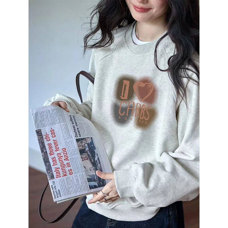 美式圆领卫衣女秋冬加绒加厚宽松牛角袖设计感小众内搭长袖上衣潮