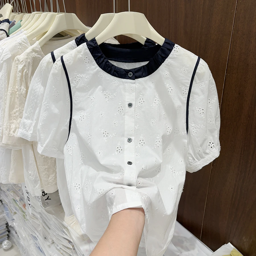2025新款夏季女短袖钩花镂空拼色衬衫女短袖设计感小众百搭衬衣
