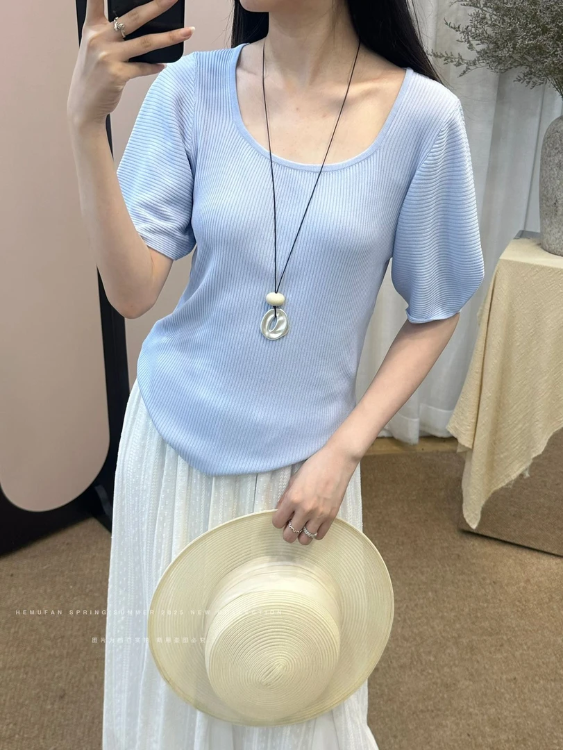 方领短袖针织百搭简约设计感泡泡袖上衣#191