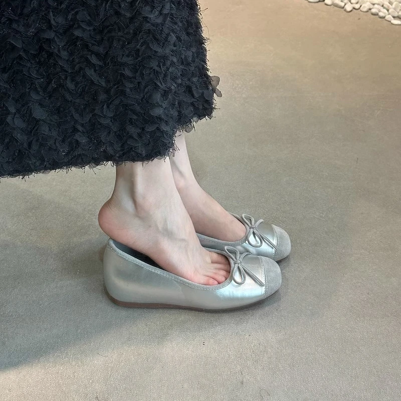 内增高法式银色芭蕾单鞋女温柔通勤百搭晚晚鞋厚底增高软底奶奶鞋