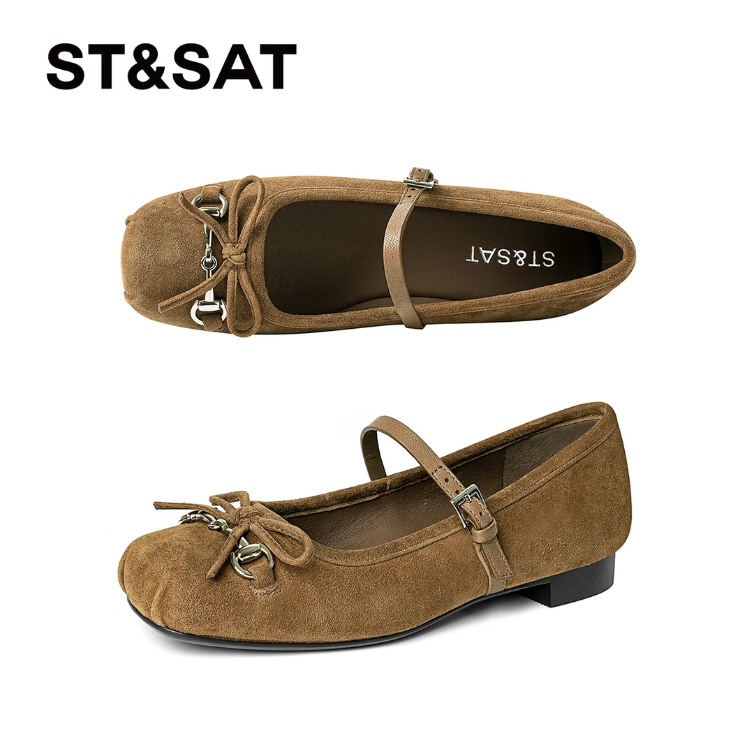 St&Sat/星期六一字扣浅口单鞋复古百搭法式少女风蝴蝶结玛丽珍鞋