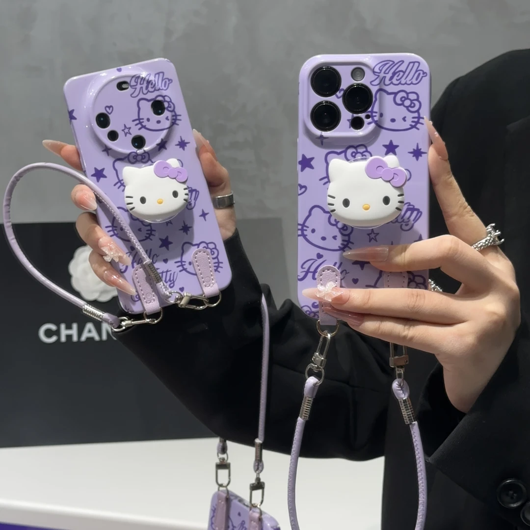 紫线条凯蒂猫支架挂绳适用苹果17/16菲林手机壳华为vivoppo小米15