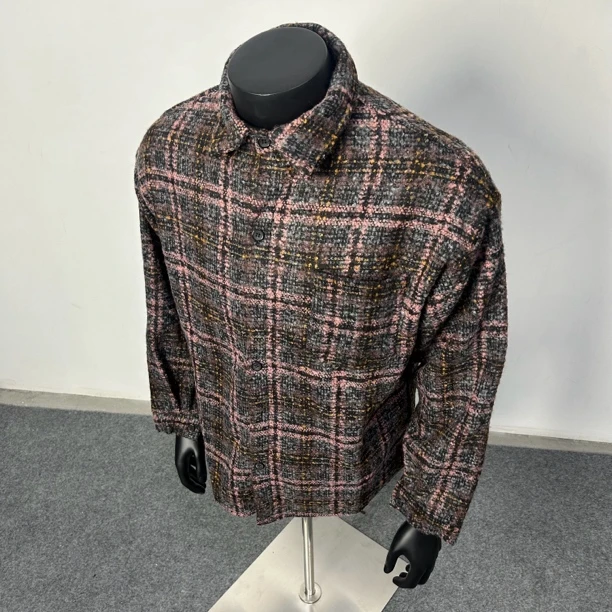 700G 秋冬撞色格子衬衫毛呢外套翻领