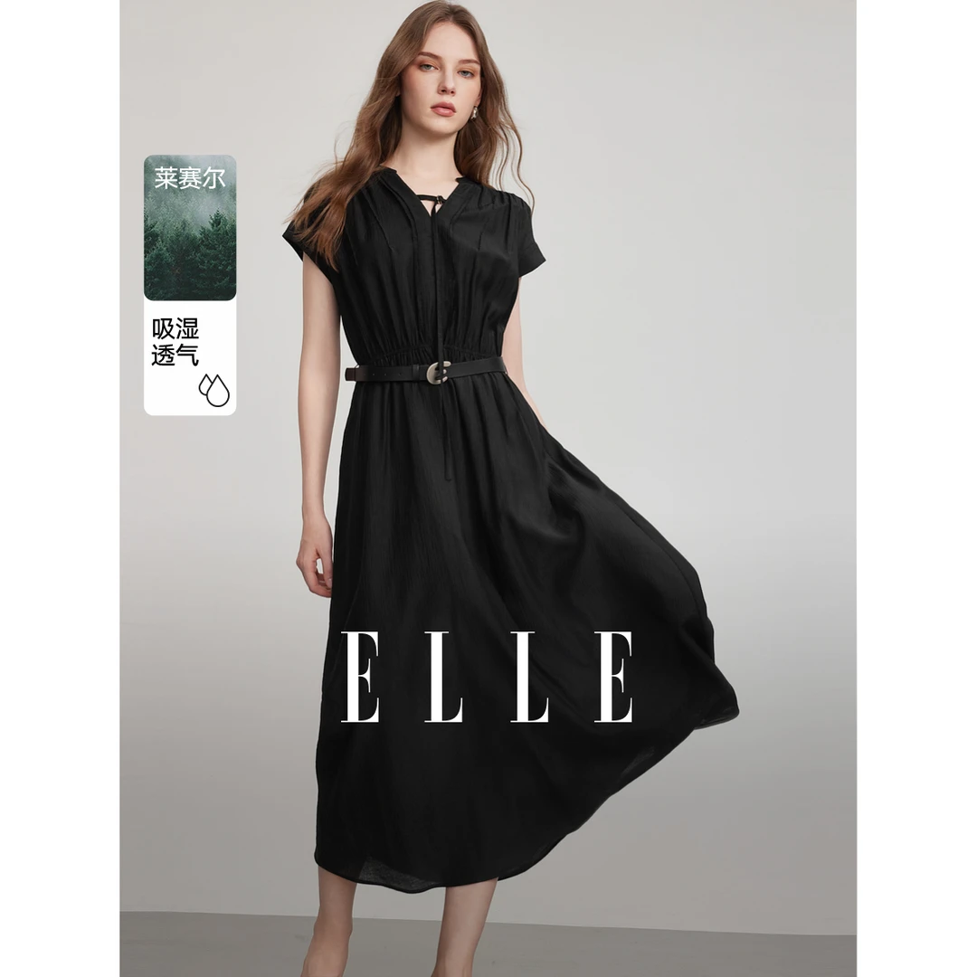 ELLE黑色绑带设计感优雅连衣裙女2025夏季新款莱赛尔天丝EL51172