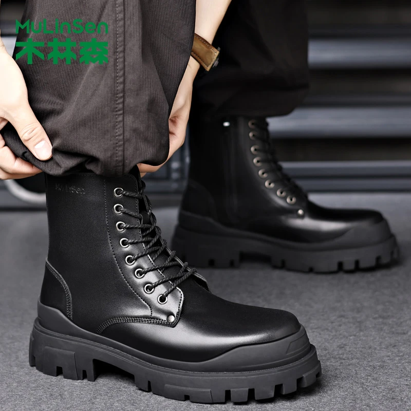 木林森马丁靴男春季加绒加厚软皮防水休闲英伦风黑色工装大头皮靴