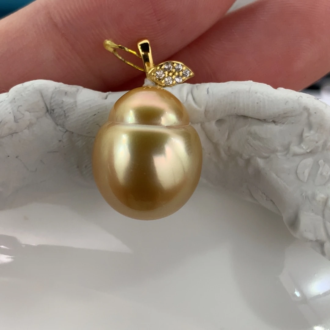 银S925镀金镶嵌吊坠(不含链)定制海水珍珠12.9mm葫芦金珠一颗