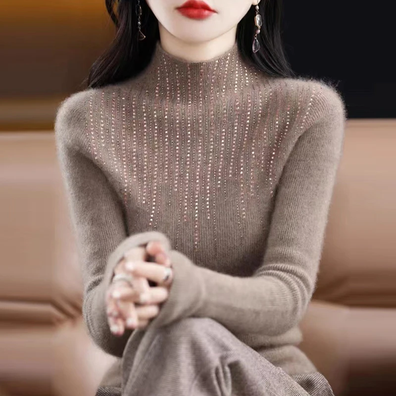 羊毛衫女半高领秋冬新款修身内搭镶钻羊绒打底衫洋气纯色短款毛衣