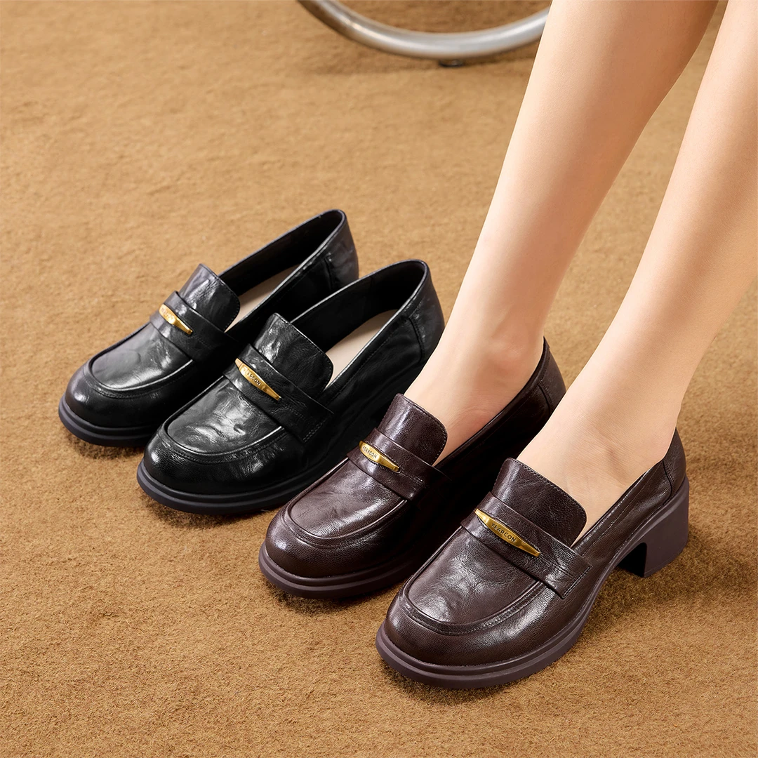 【羊皮大码女鞋35-42码】意尔康新款乐福鞋增高通勤小皮鞋羊皮软面