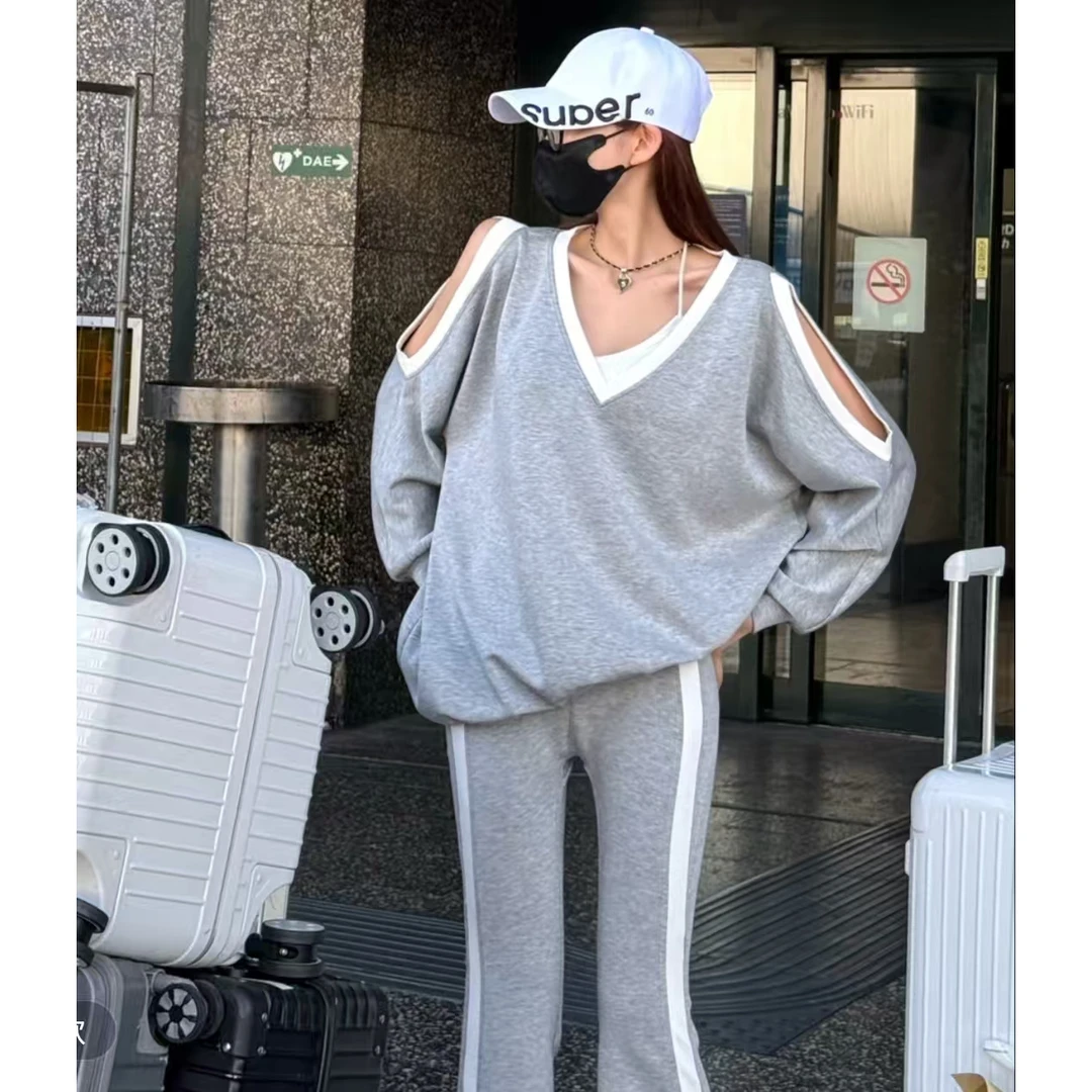 婉君行走呼吸秋季时尚百搭学院风露肩宽松显瘦上衣＋裤子套装