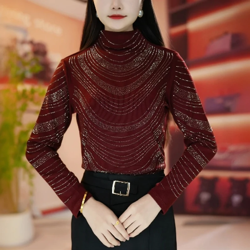 【宠粉福利】减龄烫钻洋气百搭长袖女上衣冬季新款德绒保暖打底衫女