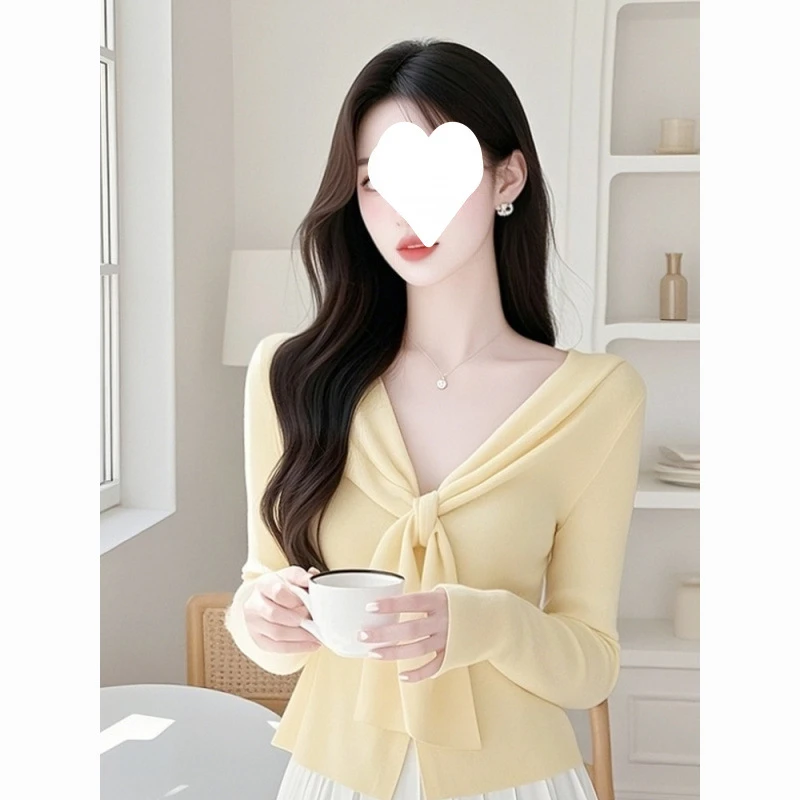 韩系高级感绝美黄色蝴蝶结飘带针织衫女春新款独特超好看单穿上衣
