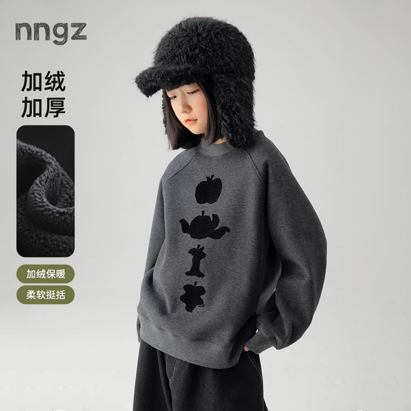 NNGZ设计师女童苹果印花加绒卫衣冬季保暖亲肤童装上衣B25DW1241K