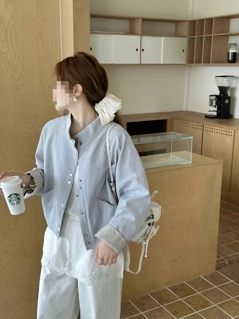 韩版百搭休闲立领单排扣宽松显瘦口袋短外套上衣女