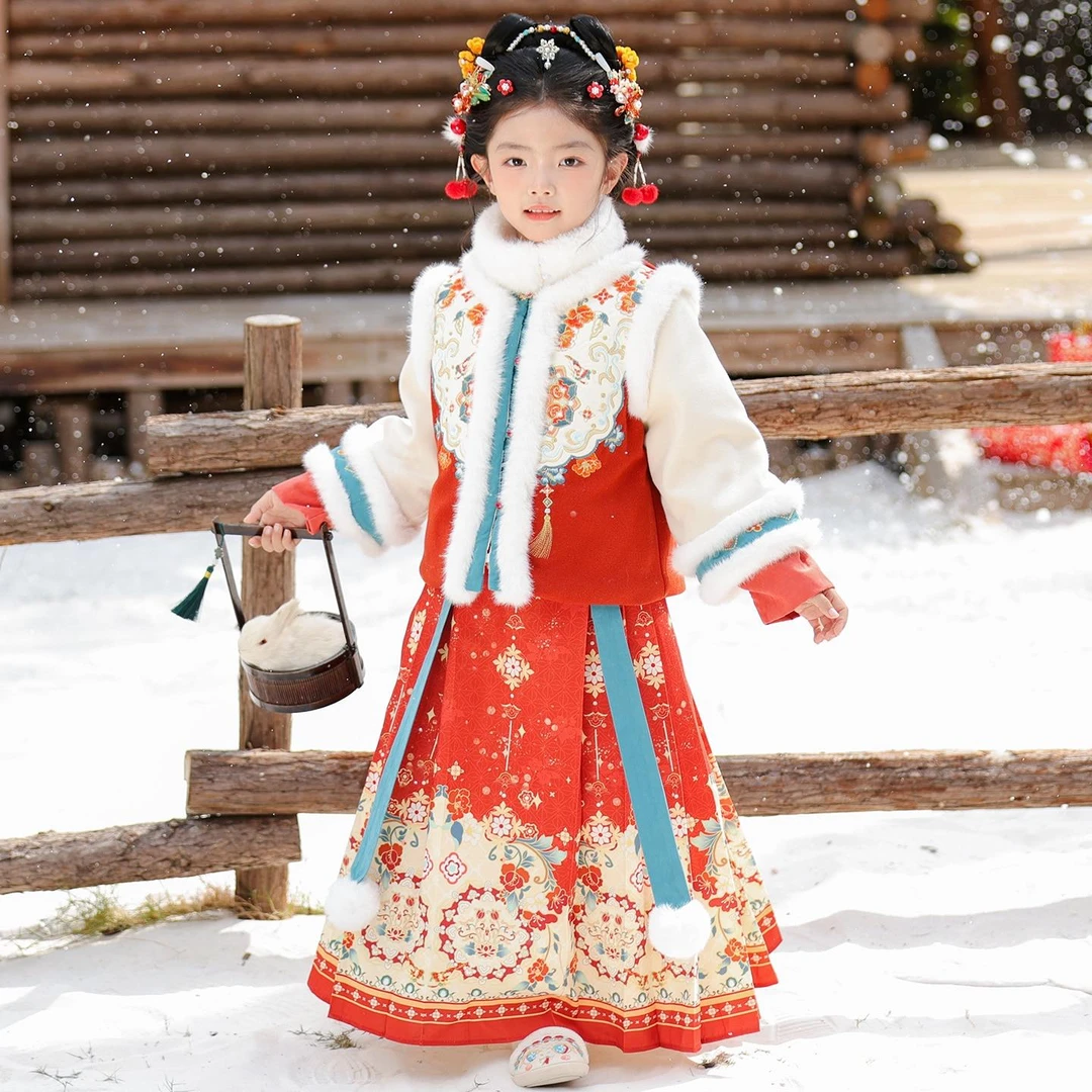 汉服女童冬季加厚明制马面裙套装儿童唐装拜年服秋冬新年冬装古装