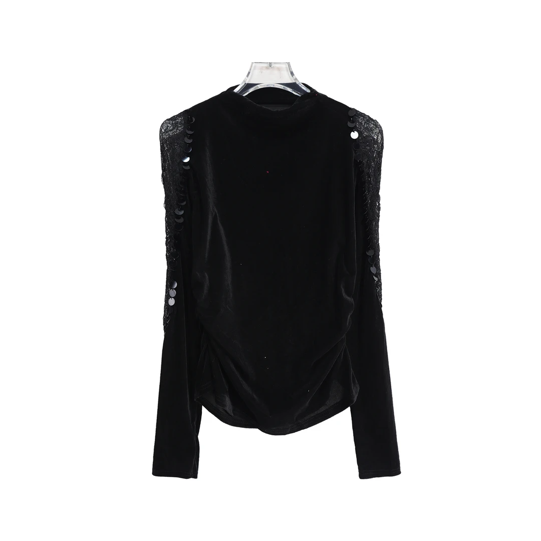 S洋气蕾丝镂空立体装饰闪片显瘦长袖T恤X27187