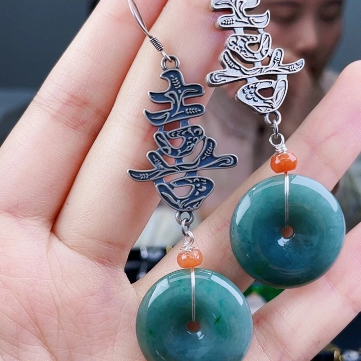 翡翠耳饰银S925镶嵌饰品