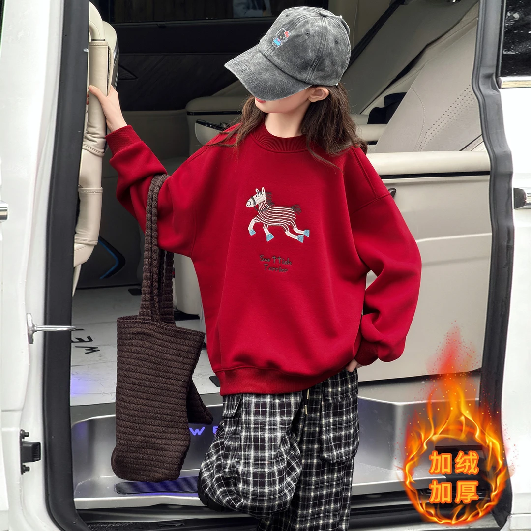 女童加绒卫衣冬装12岁女孩2026年马年本命年衣服儿童大童保暖上衣