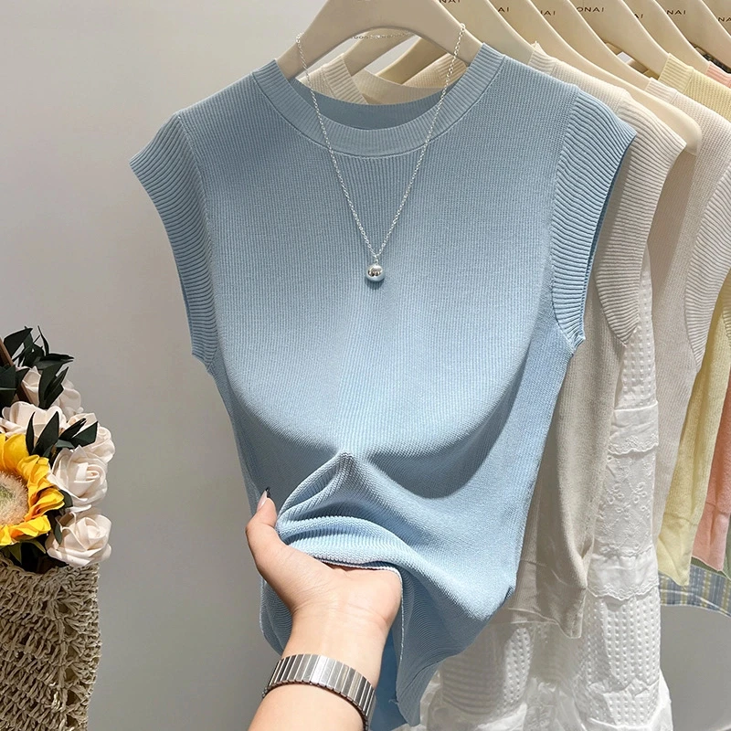 薄款圆领飞飞袖针织衫短袖坎肩上衣宽松显瘦纯色清新短款百搭女装