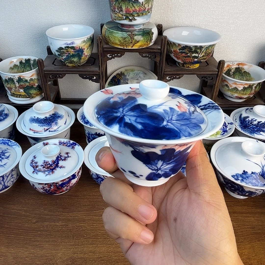 忠意堂釉下彩荷花鱼盖碗微瑕不退