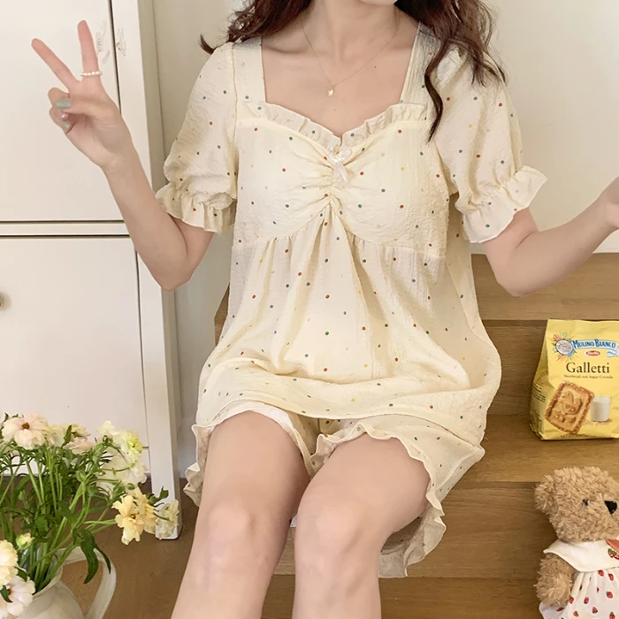 泡泡棉睡衣女夏季带胸垫新款公主风甜美长袖长裤套装可外穿家居服