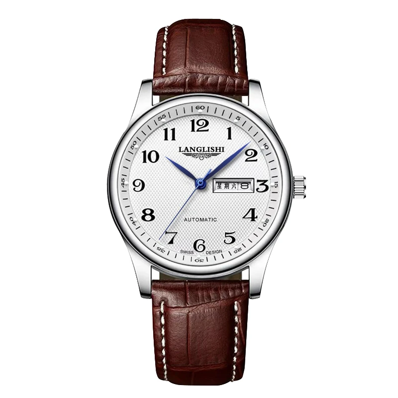 【专柜直发】男士棕皮经典数字双日历棕皮夜光白盘手表潮腕表LS007