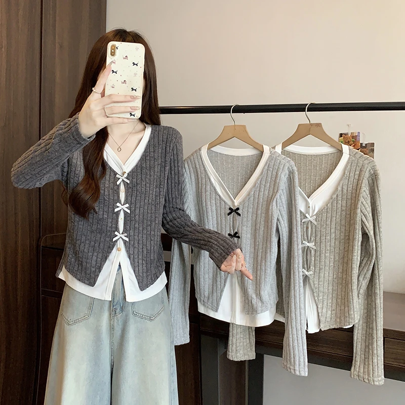 2025秋装新款胖mm大码女撞色假两件立体蝴蝶结长袖针织上衣