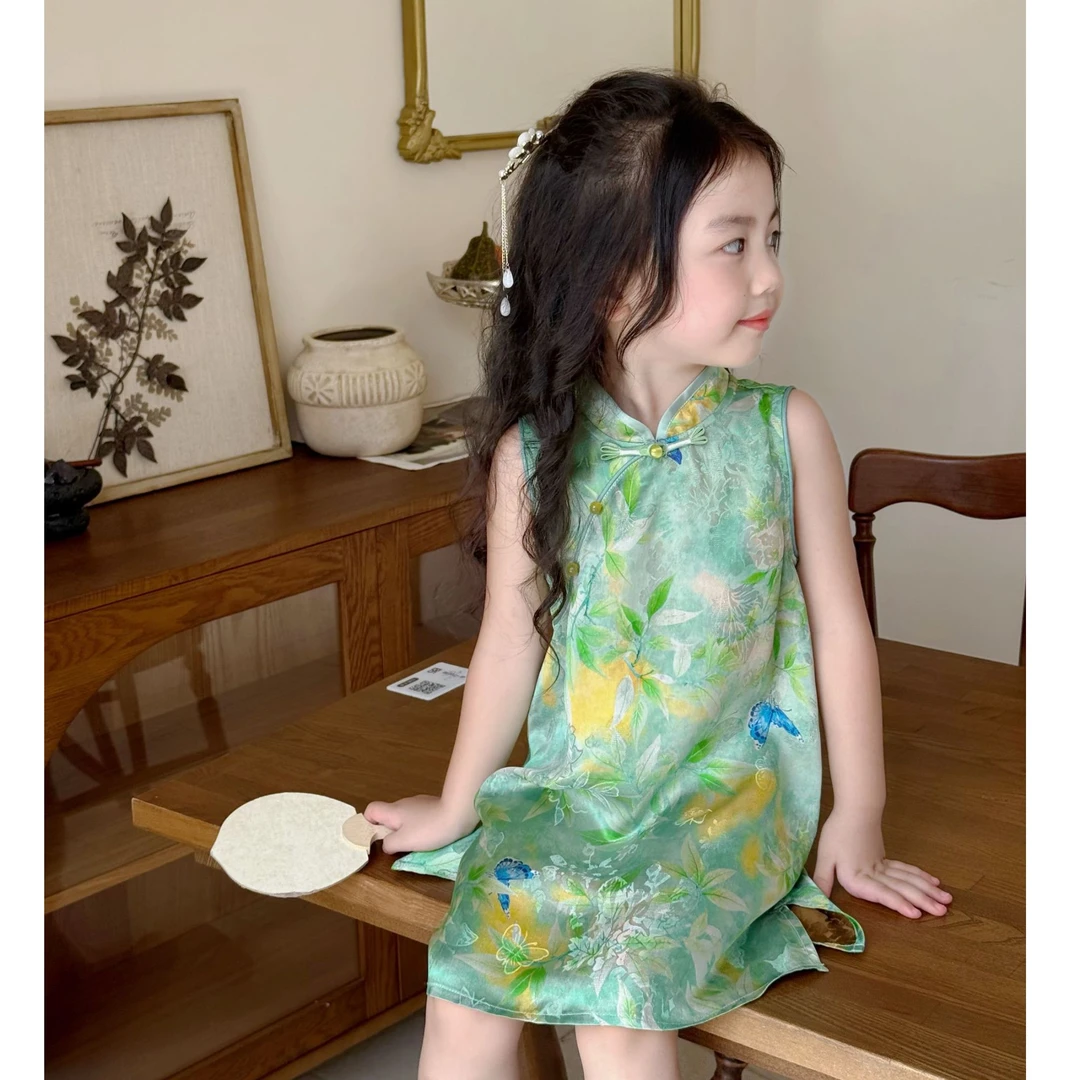 清 现货）夏季儿童新中式轻薄碎花显白绿色无袖背心裙洋气国风裙子