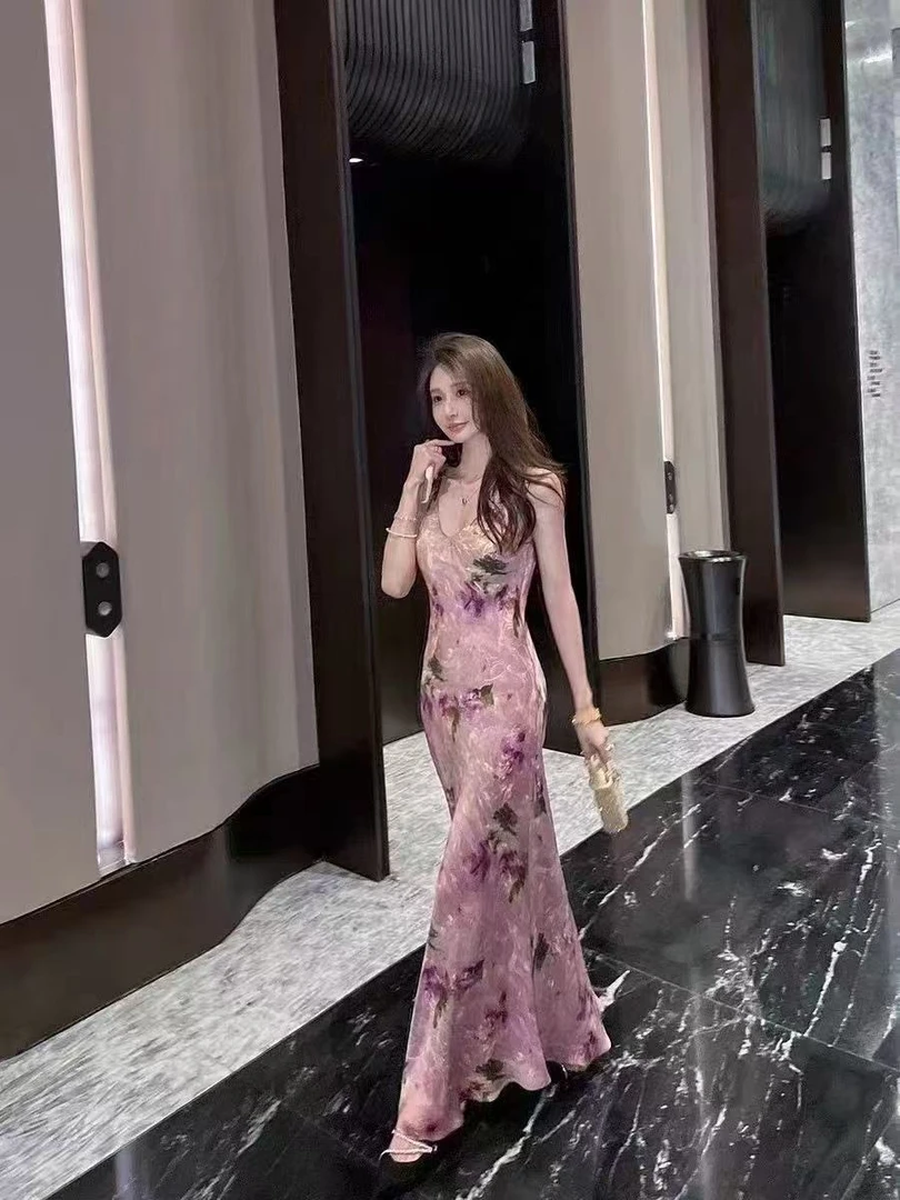 [紫色风铃]人丝印花斜裁显瘦气质宽肩带两连衣裙夏季复古开叉国风