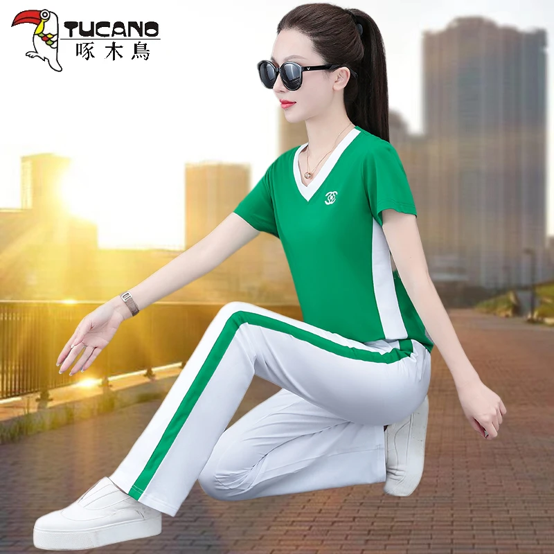 啄木鸟时尚洋气2025新款宽松短袖冰丝运动套装女两件套夏季薄款潮