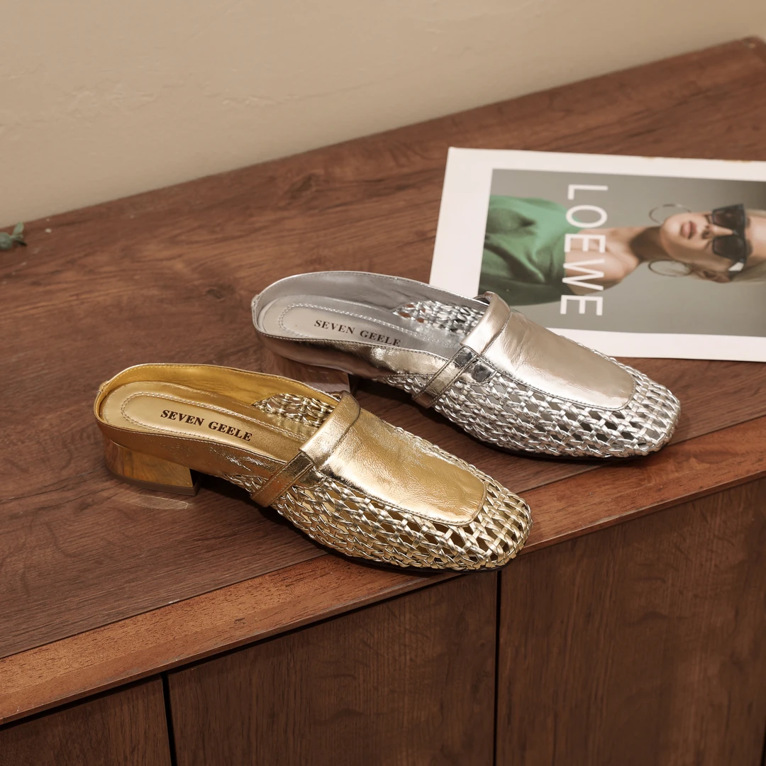 S2.5CM粗跟2025夏季新款时尚百搭真皮包头镂空穆勒鞋软底托鞋D632