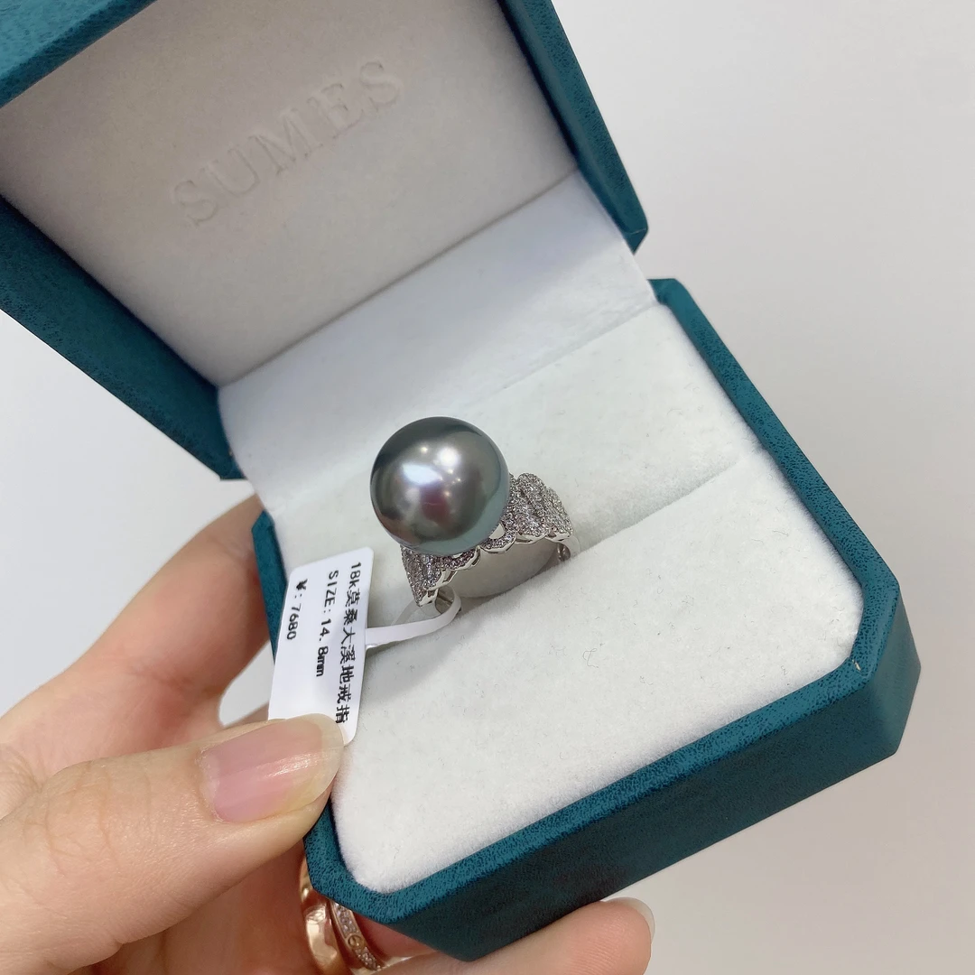 14.8mm大溪地铂金灰大点位18k金莫桑钻超高性价比戒指