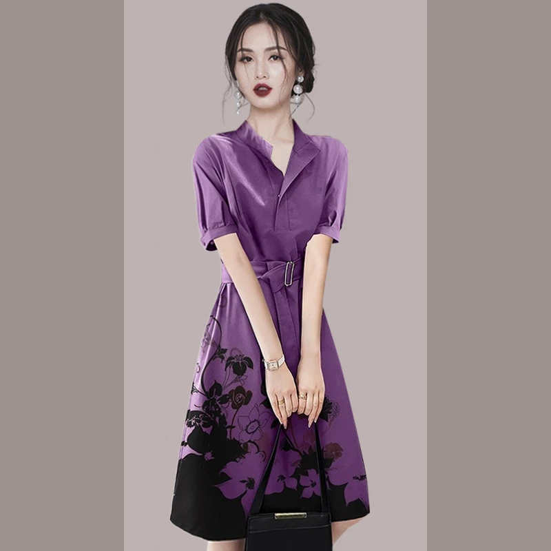 紫色优雅气质衬衫连衣裙2025年夏季新款收腰漂亮短袖裙子