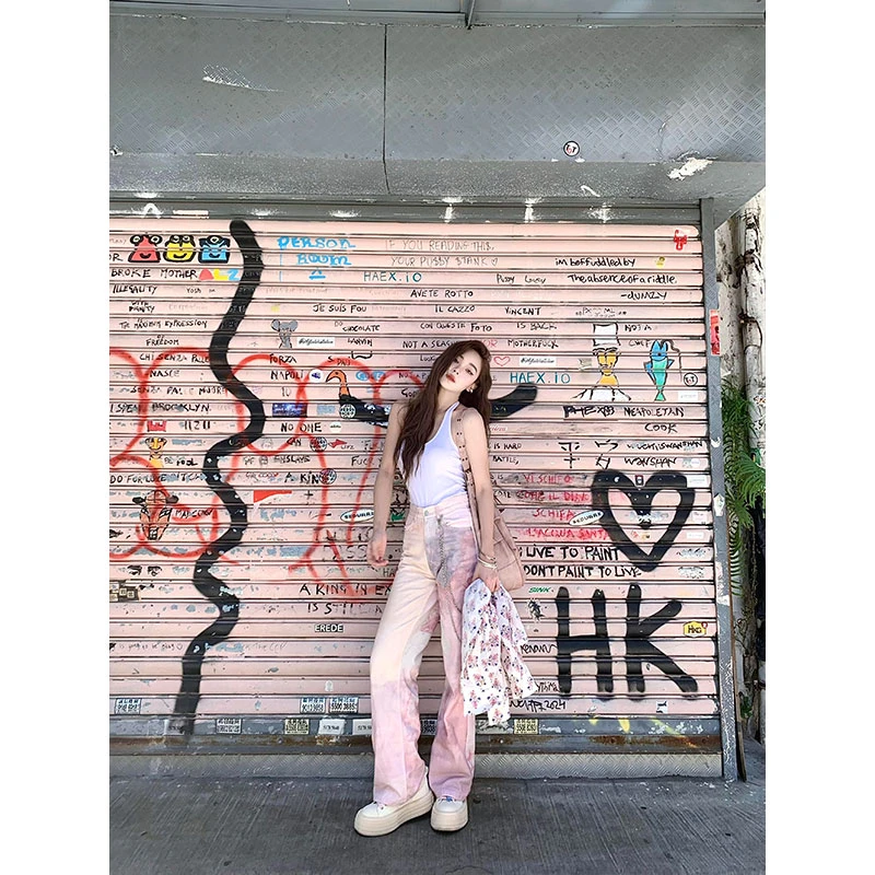 2025年挂脖吊带背心上衣粉色扎染渐变牛仔裤直筒宽松阔腿长裤套装