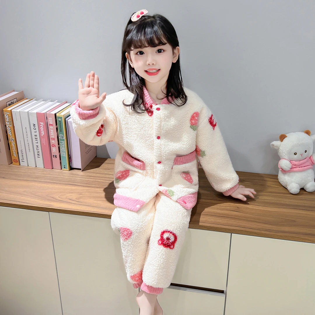女童睡衣秋冬季米粒绒加厚法兰绒2025新款儿童家居服套装宝宝女孩