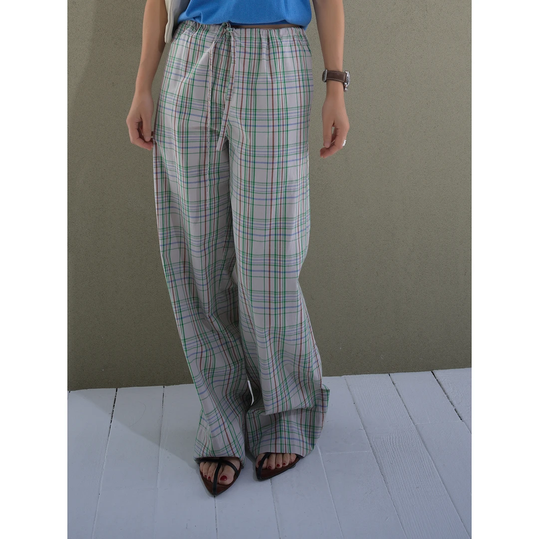 UPINLOOK灰绿红  格纹 全棉抽绳腰直筒宽松女士休闲长裤子126505
