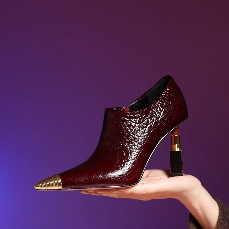 酒红色尖头单鞋细跟真皮时尚深口女鞋秋冬季新款时髦小踝靴百搭